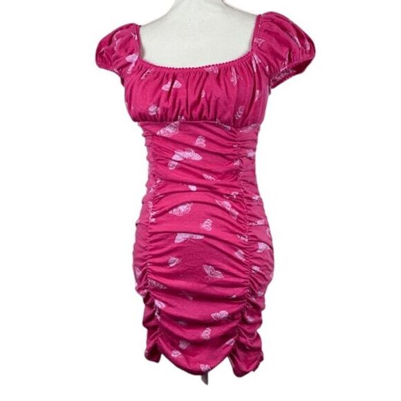 Urban Outfitters Brenan Butterfly Print Dress Ruched Stretchy Pink Size Medium - Picture 3 of 10